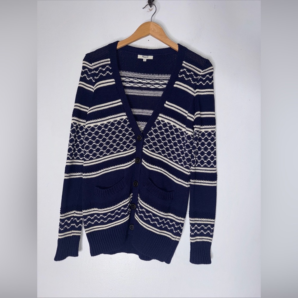 Madewell Stitchway Knit Navy Blue‎ Stripe Cardigan Sweater Women Size XS